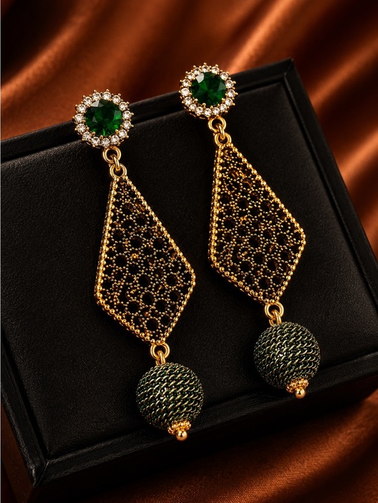 Anthropologie Jewelry - Gold color Filigree Drop Earrings with Deep Green Accents